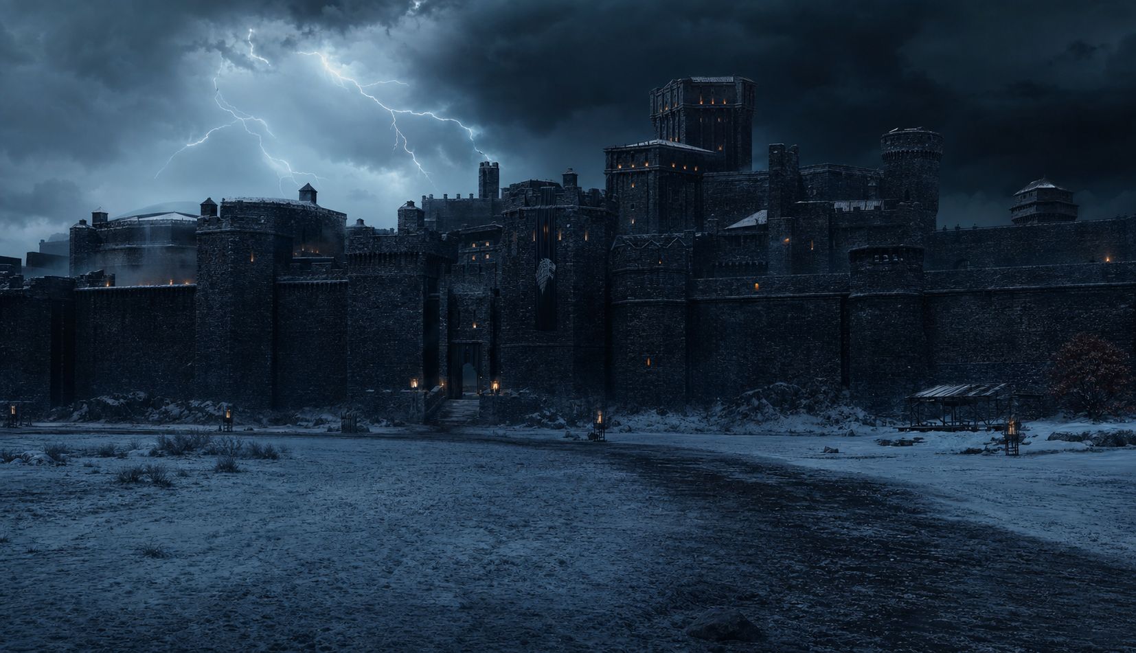 A Winterfell-like castle fortress at night with lightning striking above its towers